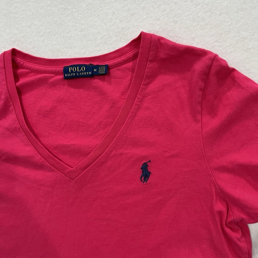 Polo Ralph Lauren V Neck T Shirt Womens Medium Pink Navy Pony Y2K Preppy Cotton